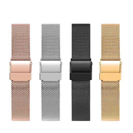 Displayed vertically are four classic Alfred Sung Elegant Mesh Bands with Quick Release, available in rose gold, silver, black, and gold. These Women's Stainless Steel Mesh Bands offer a seamless quick-release feature for easy swapping, combining elegance with practicality in every wear.