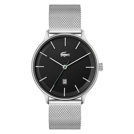 Lacoste gentleman's watch with a black dial, logo at the 12 o'clock position, and a stainless steel bracelet.