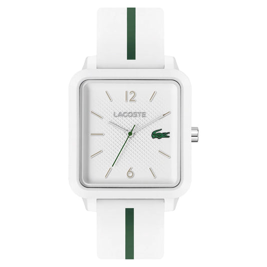 A white Lacoste 12.12 Studio 3 Hands Watch White Silicone wristwatch with a green stripe and logo on a white background.