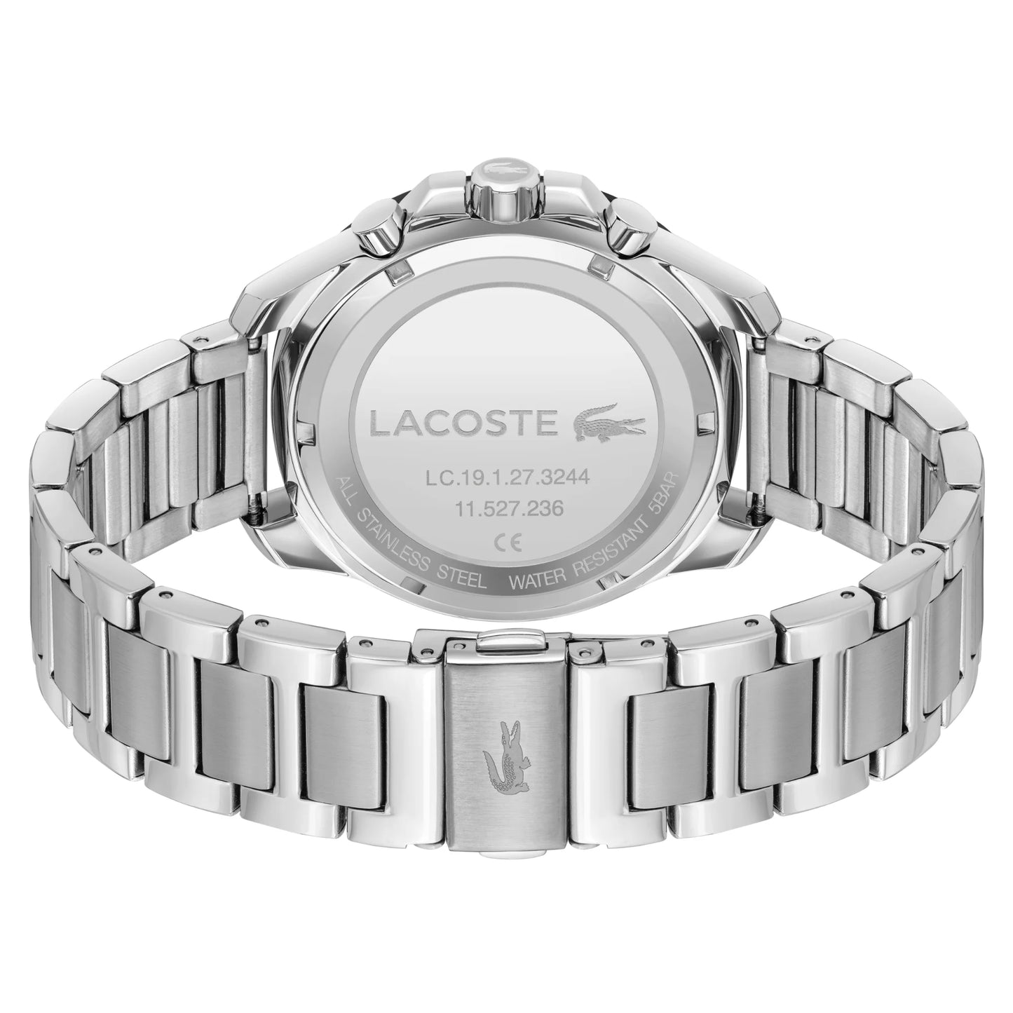 Back view of the Lacoste Toronga Dual Time Black Dial Silver Bracelet Watch, featuring the logo and details on the stainless steel case back, highlighting its quartz movement.