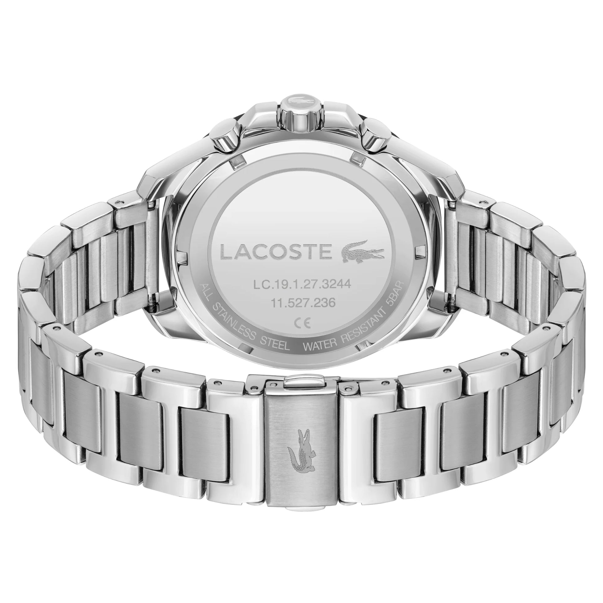 Back view of the Lacoste Toronga Dual Time Black Dial Silver Bracelet Watch, featuring the logo and details on the stainless steel case back, highlighting its quartz movement.