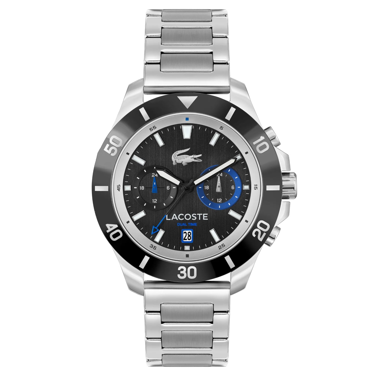 The Lacoste Toronga Dual Time Black Dial Silver Bracelet Watch by Lacoste is a silver wristwatch featuring a black dial with blue accents and a metal bracelet. It includes a dual-time function and displays the iconic Lacoste branding.