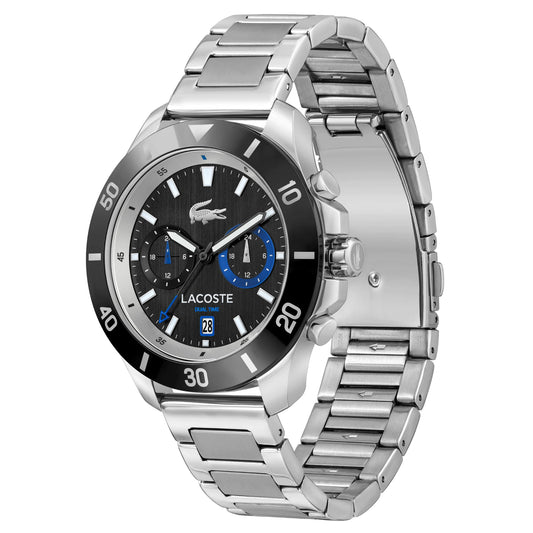 Lacoste Toronga Dual Time watch featuring a black dial, silver bracelet, and quartz movement, showcased at an angle.