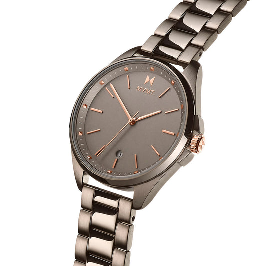 Glamorous MVMT Coronada Moonliner Taupes ladies watch with gray face, rose gold accents, and date display.
