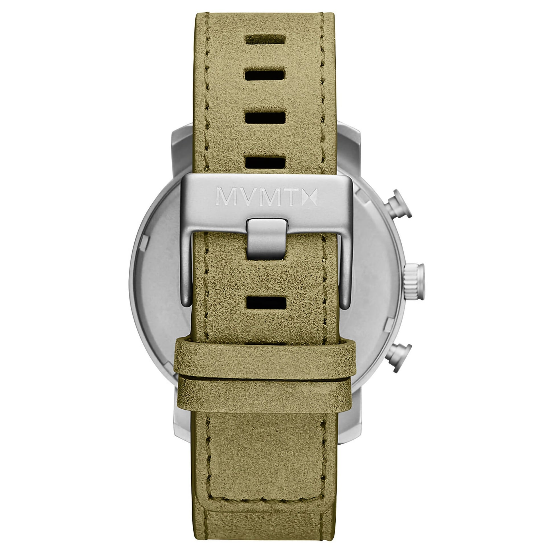 Rear view of the MVMT Chrono 45 Moss Green, a silver watch with olive green leather strap and silver buckle.