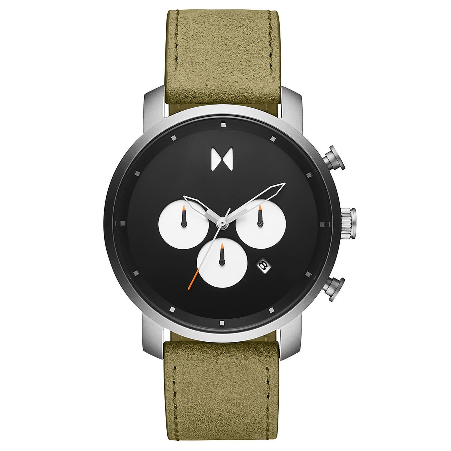 MVMT Chrono 45 Moss Green watch: black face, silver case, olive strap, three white sub-dials.