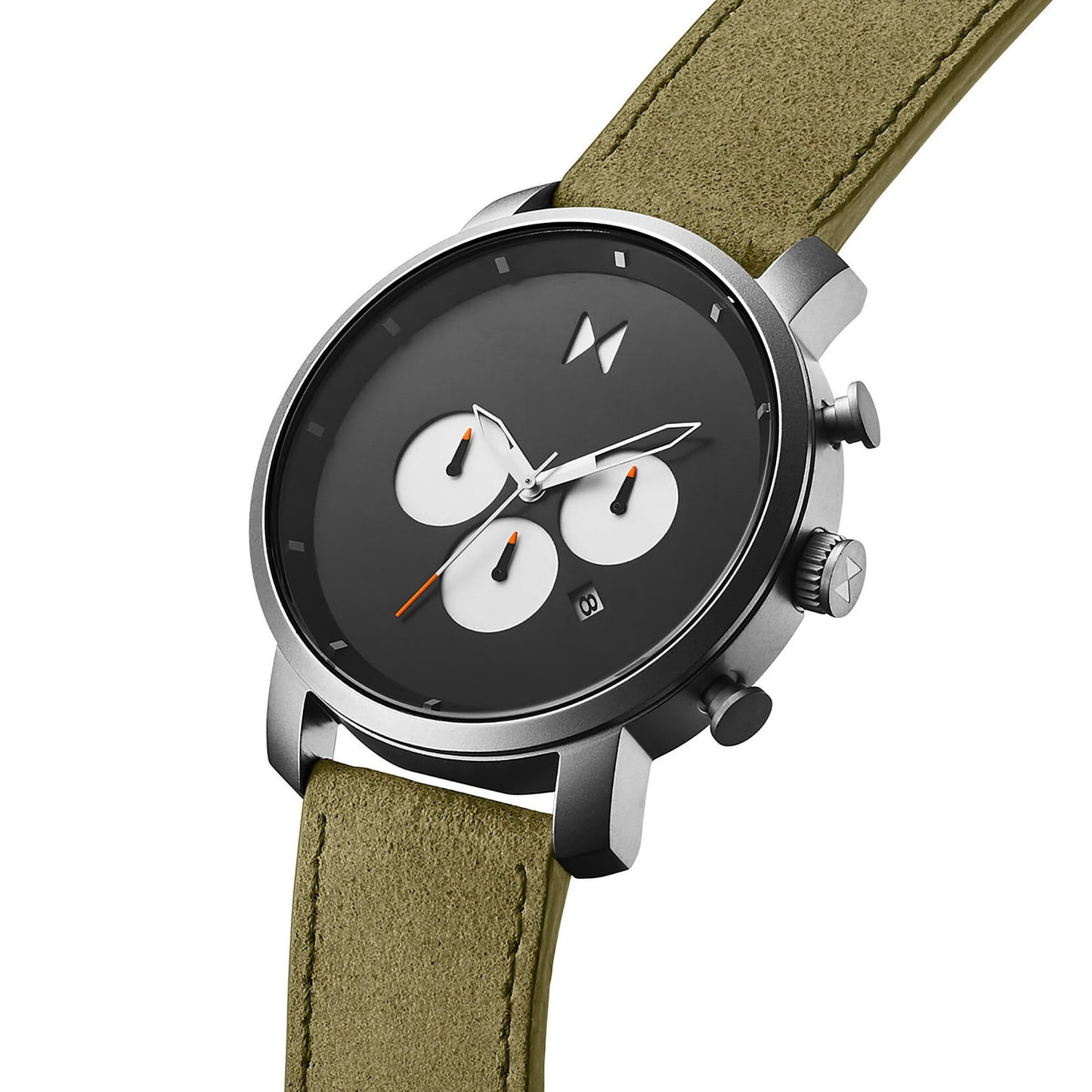 MVMT Chrono 45 Moss Green: Silver wristwatch with black dial, white subdials, orange hands, and olive green strap.