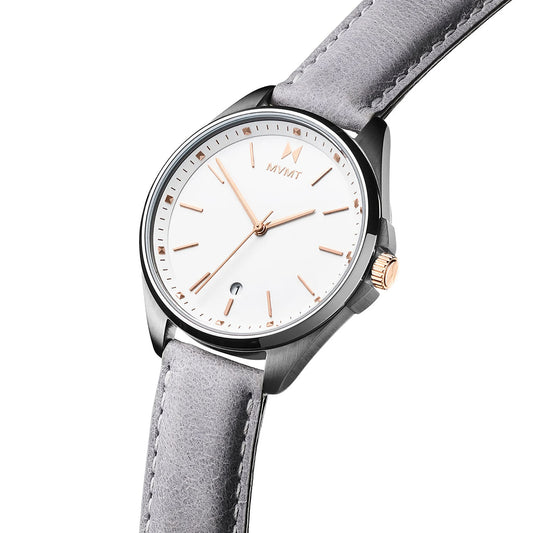 MVMT Coronada Malibu Date watch with a silver case, fade dial, rose gold hands, and gray leather strap.
