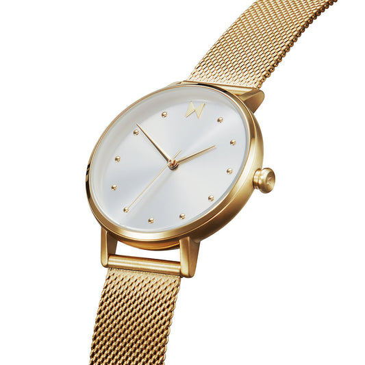 MVMT Dot Flash Gold Ladies watch: brushed gold, minimalist white face, chic mesh strap.
