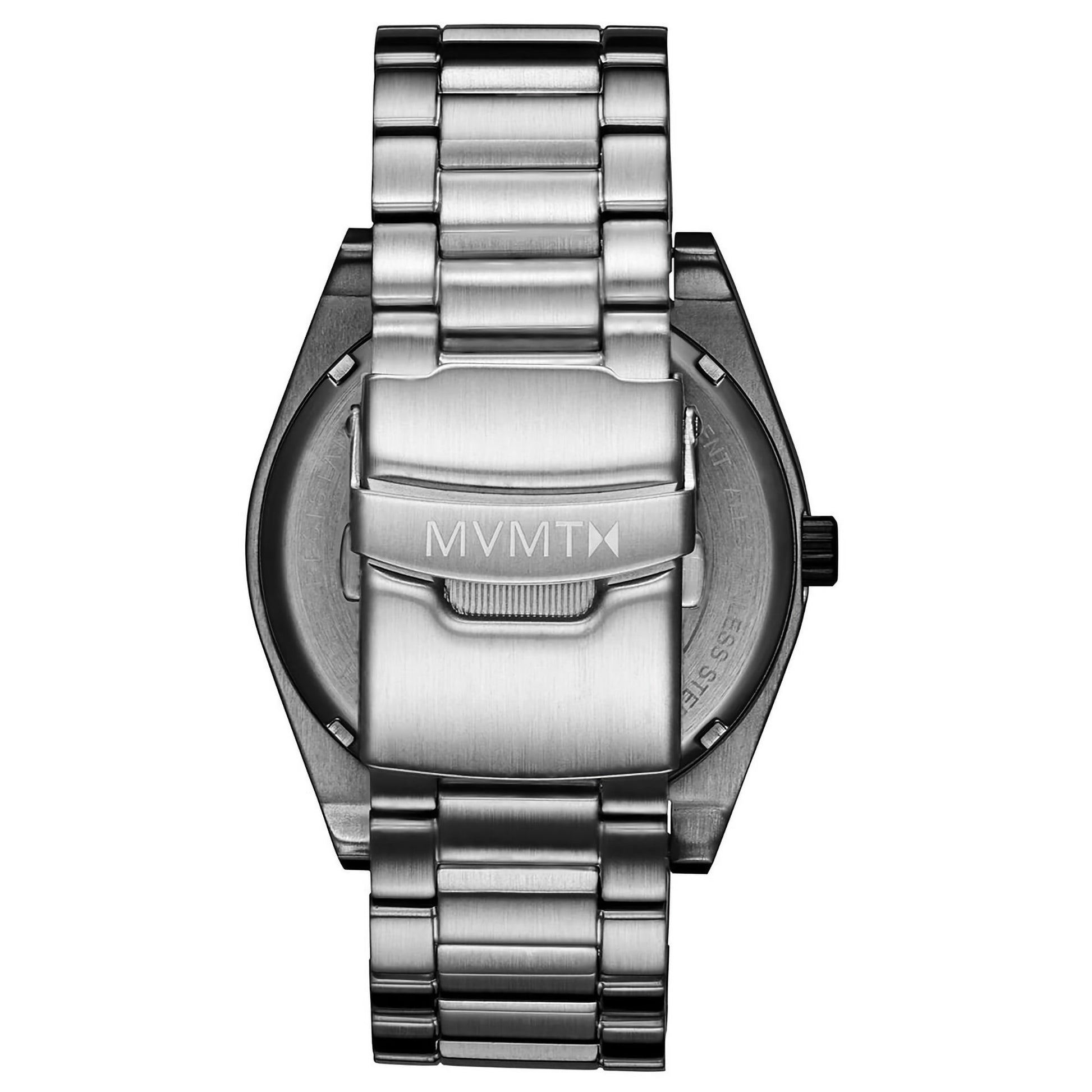 Back view of MVMT Element Ion Silver Men's watch with brushed steel and folded clasp.
