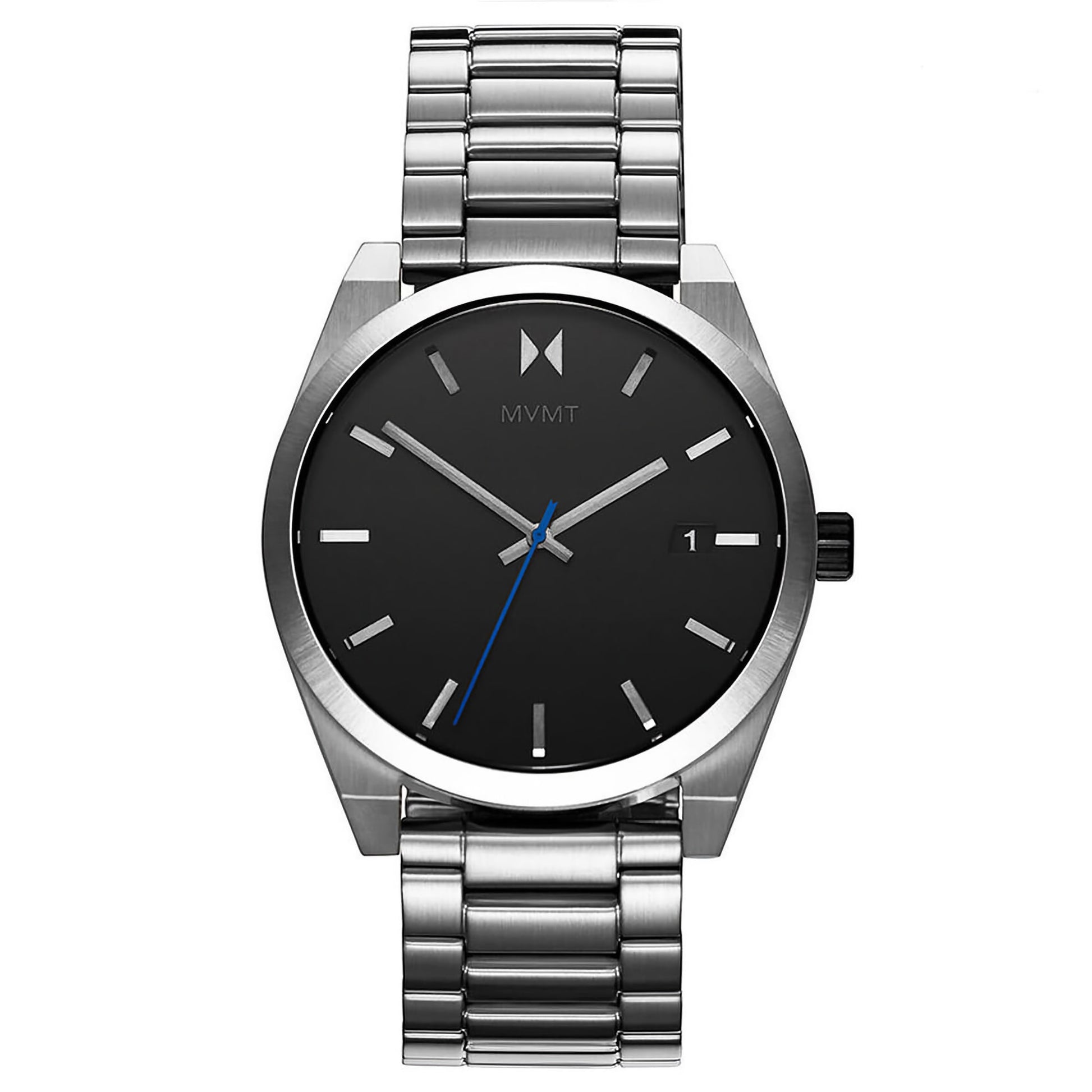 MVMT Element Ion Silver Men's watch: minimalist silver, black face, Japanese quartz movement, date window at 3 o'clock.