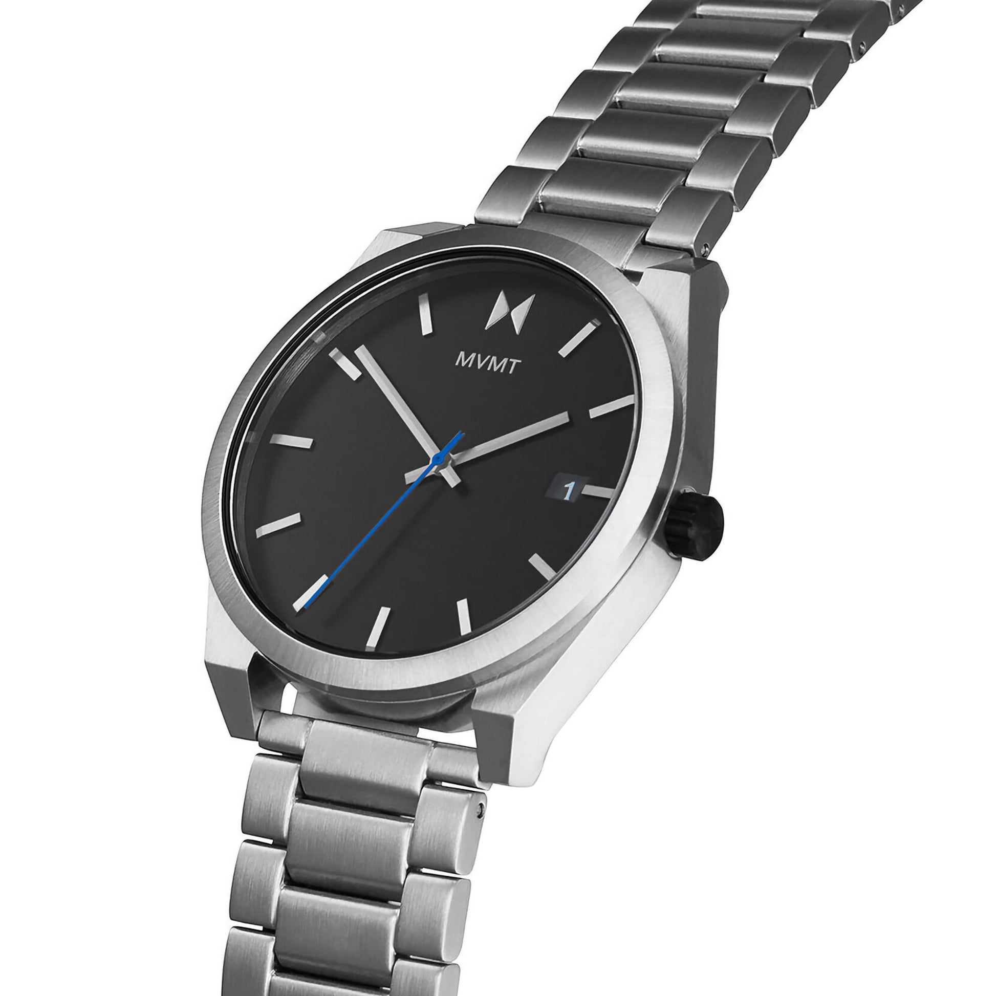 MVMT Element Ion Silver Men's watch: brushed silver, black face, white markers, date window, Japanese quartz movement.