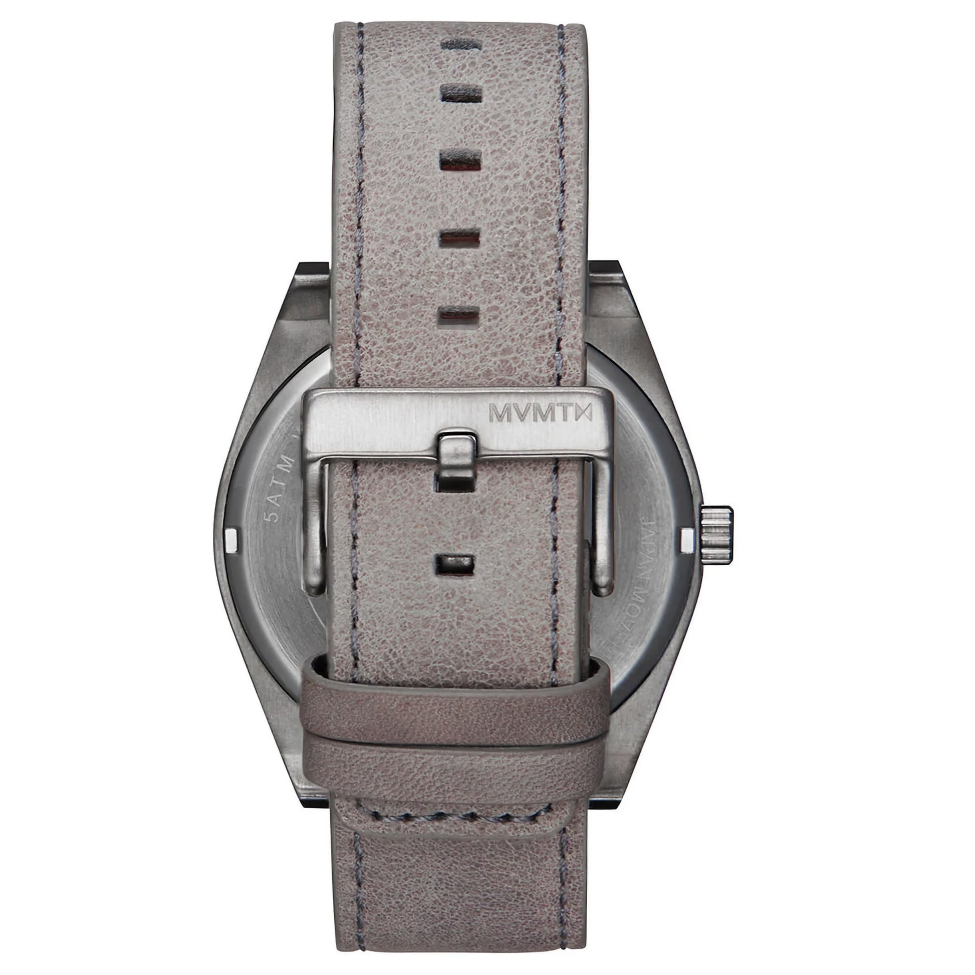 Back view of the MVMT Element Radium Grey watch with a leather strap and metal clasp, showcasing MVMT branding.