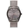 MVMT Element Radium Grey Men's watch with minimalist design, leather strap, silver markers, and a red second hand.