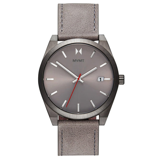 MVMT Element Radium Grey Men's watch with minimalist design, leather strap, silver markers, and a red second hand.