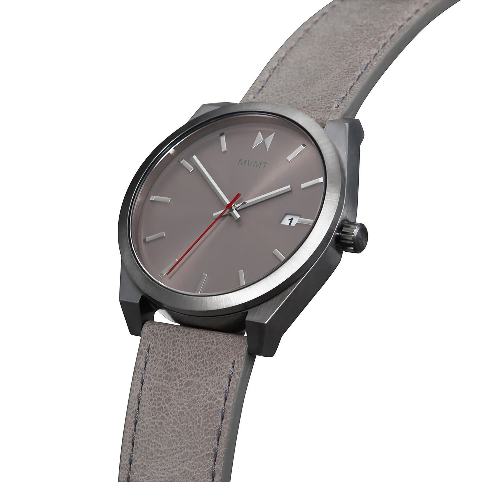 The MVMT Element Radium Grey Men's watch features a silver case, Japanese quartz, grey face, leather strap, and date display.