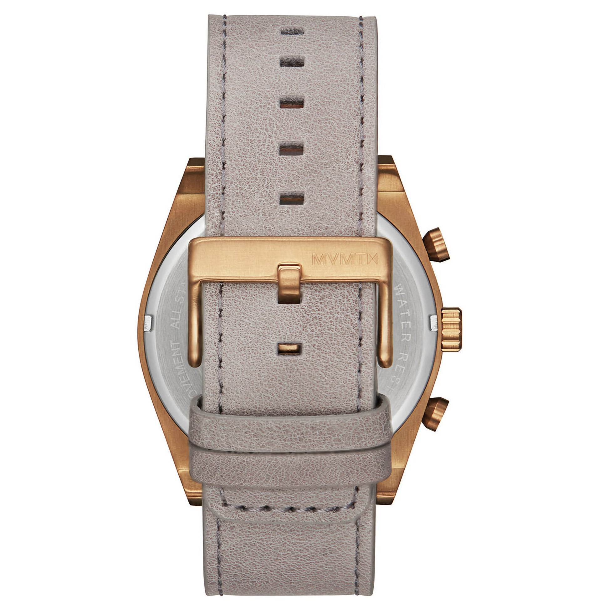 Back of MVMT Element Chrono shows a gray leather strap, gold-toned case, and Japanese quartz movement.