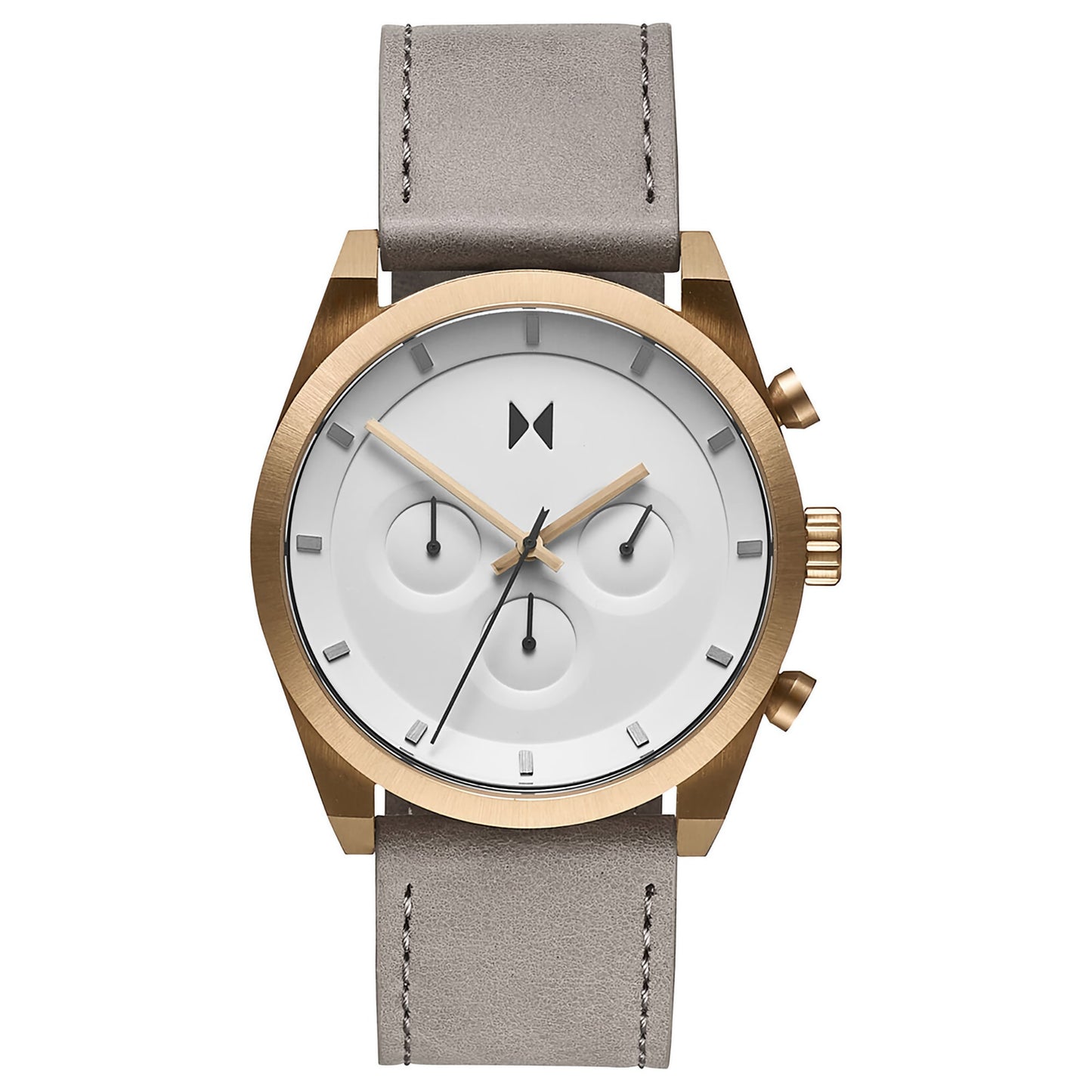 MVMT Element Chrono Bronze Ore men's watch: gold-framed, gray band, white face, Japanese quartz for precise timekeeping.
