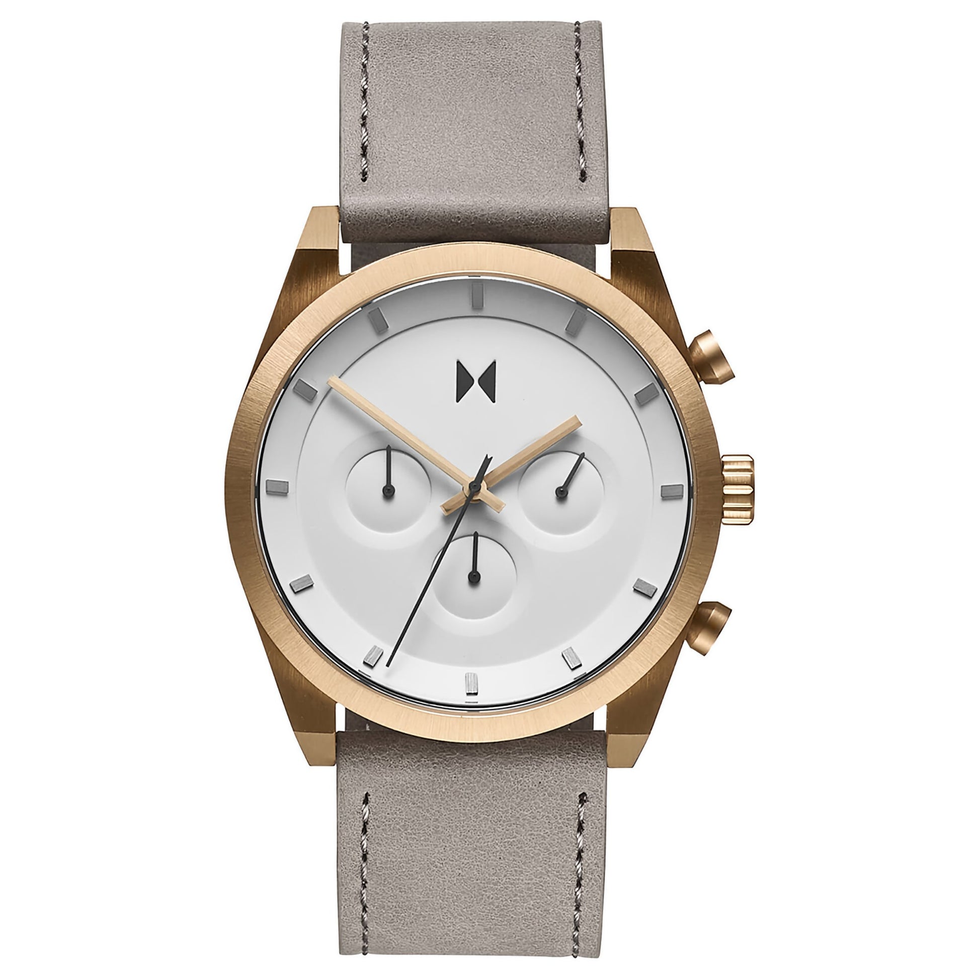 MVMT Element Chrono Bronze Ore men's watch: gold-framed, gray band, white face, Japanese quartz for precise timekeeping.