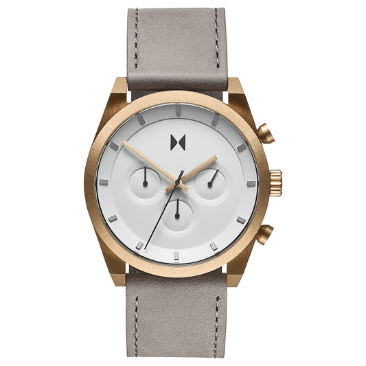 MVMT Element Chrono Bronze Ore men's watch: gold-framed, gray band, white face, Japanese quartz for precise timekeeping.