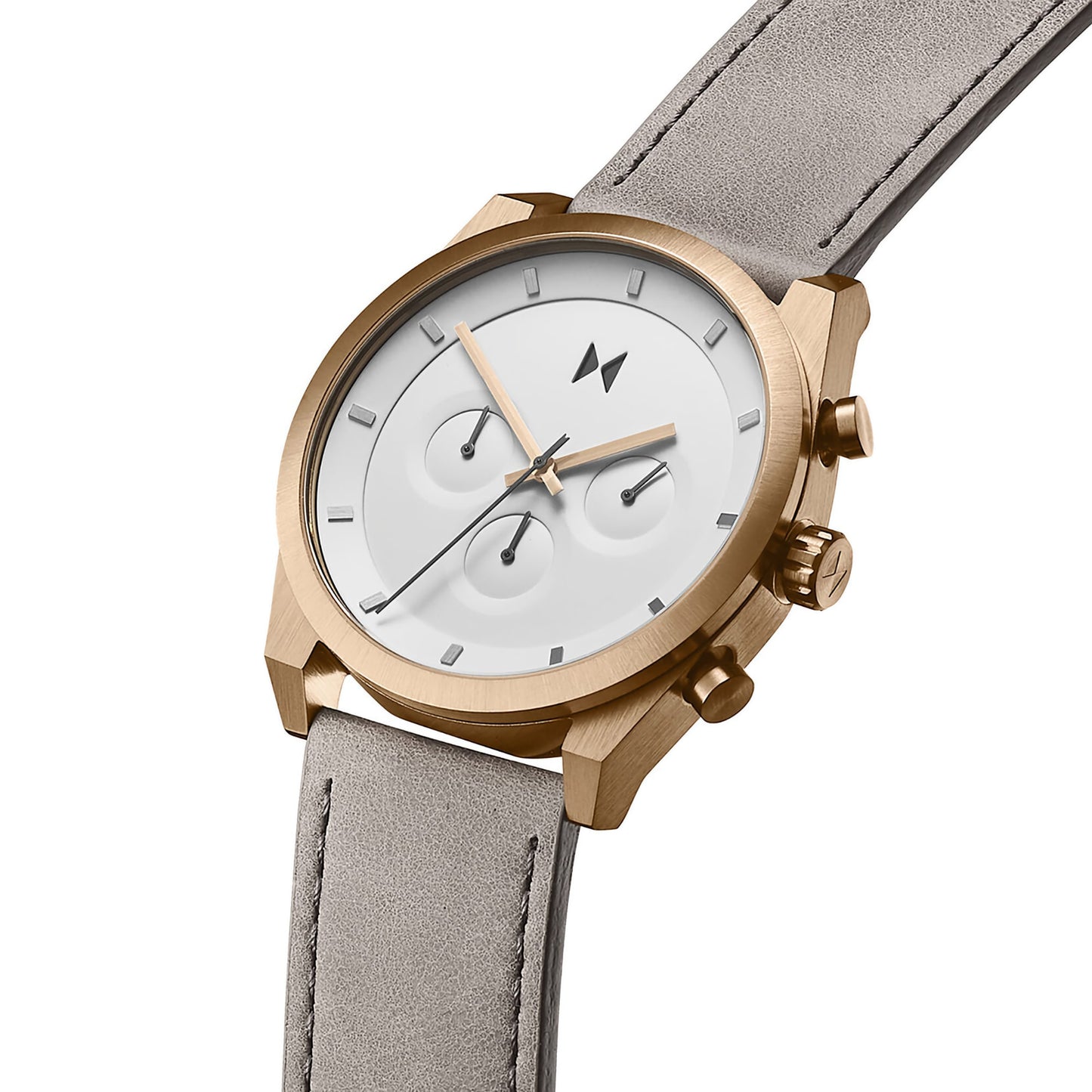The MVMT Element Chrono Bronze Ore watch features a gold case, white face, grey leather strap, and Japanese Quartz Movement.