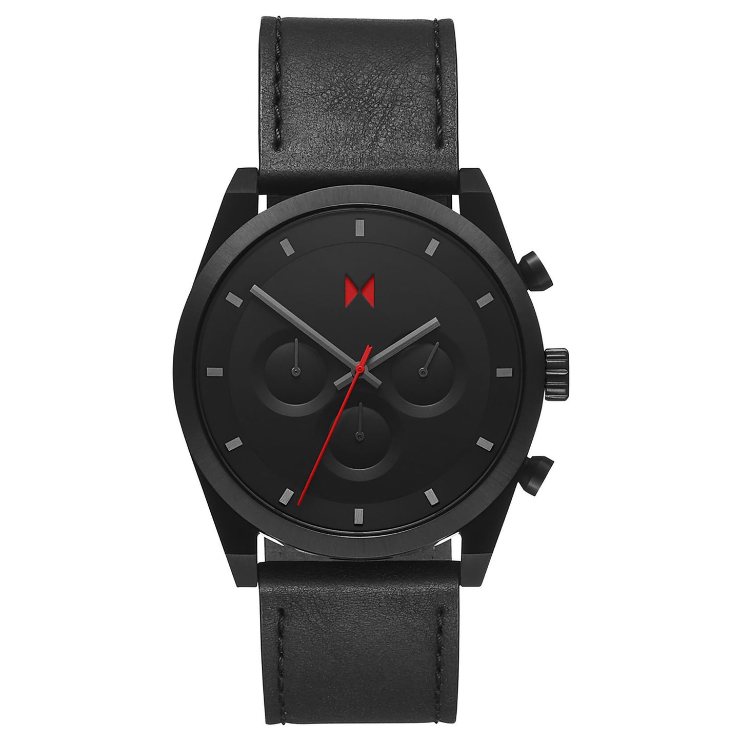 MVMT Element Chrono Ember Black men's watch with Japanese quartz, red logo, and multi-dial face.