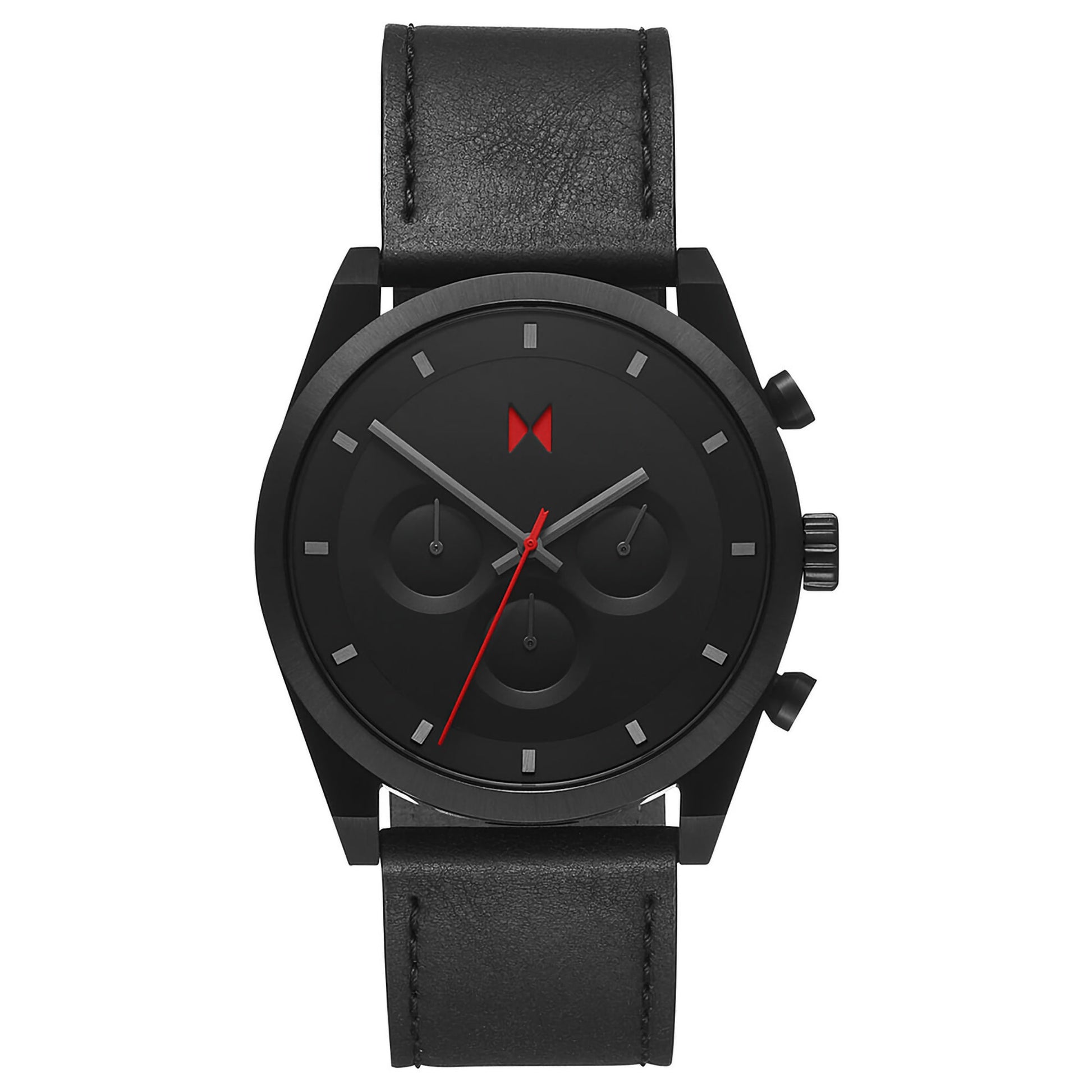 MVMT Element Chrono Ember Black men's watch with Japanese quartz, red logo, and multi-dial face.