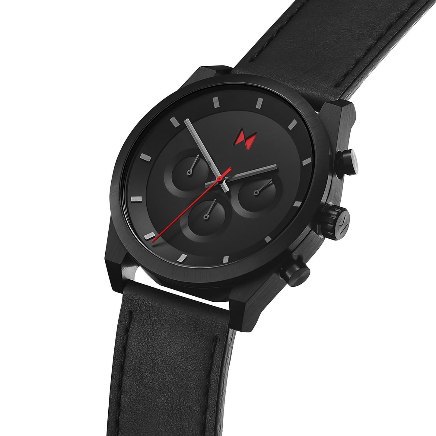 MVMT Element Chrono Ember Black watch: Minimalist chronograph with black steel, red accents, and Japanese quartz.