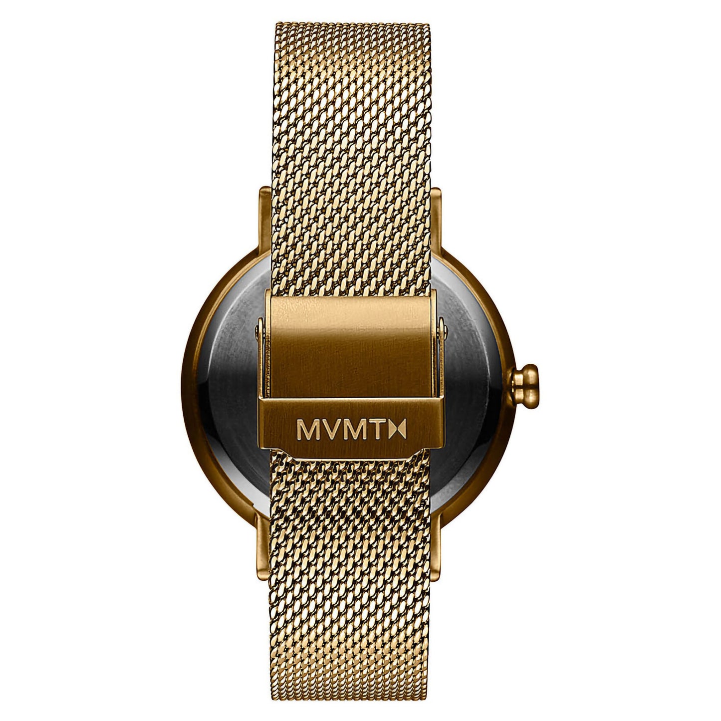 MVMT Dot Crystals Ladies watch features a gold mesh band, secure MVMT logo clasp, minimalist design, and Japanese quartz movement.