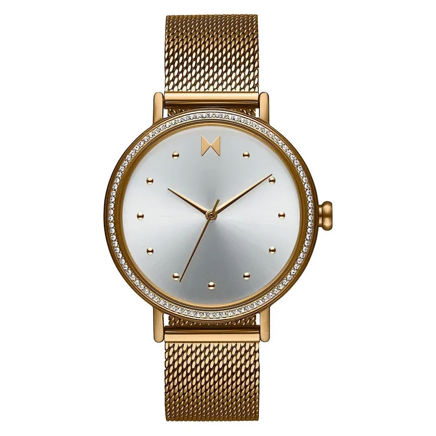 MVMT Dot Crystals watch: Gold, minimalist design, mesh strap, silver face with gold markers and crystal-lined bezel.