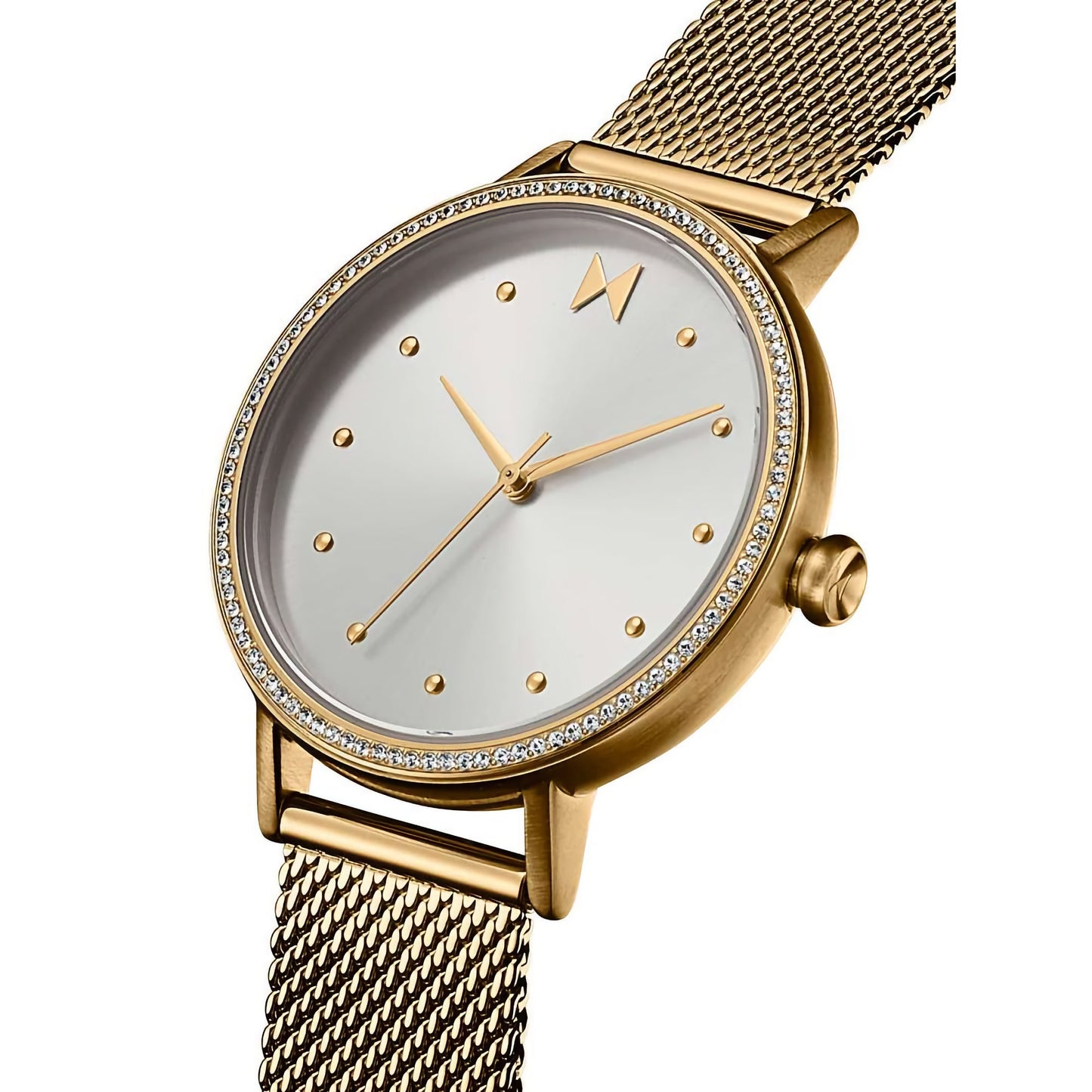 MVMT Dot Crystals ladies watch: minimalist gold design, mesh strap, round face, gold accents, Japanese quartz movement.