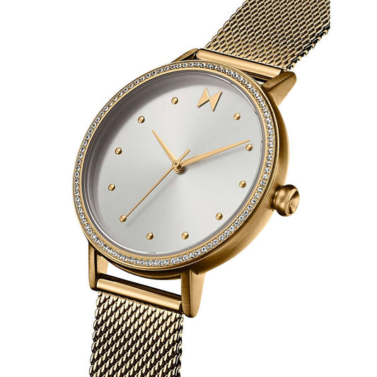 MVMT Dot Crystals ladies watch: minimalist gold design, mesh strap, round face, gold accents, Japanese quartz movement.