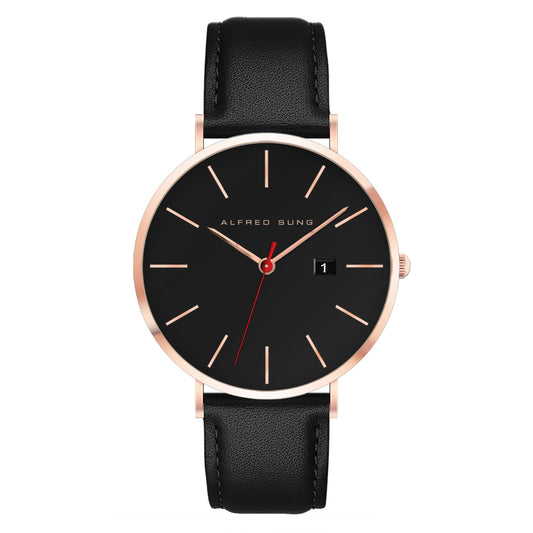 Alfred Sung Metropolitan watch with rosegold case, red second hand, date display, and black leather strap.