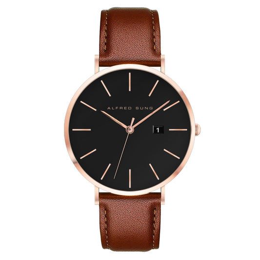 Alfred Sung Metropolitan watch with black dial, rosegold case, brown leather strap, and date feature.
