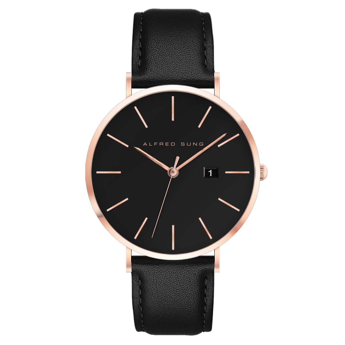 Alfred Sung Metropolitan watch: black leather strap, gold accents, date display.