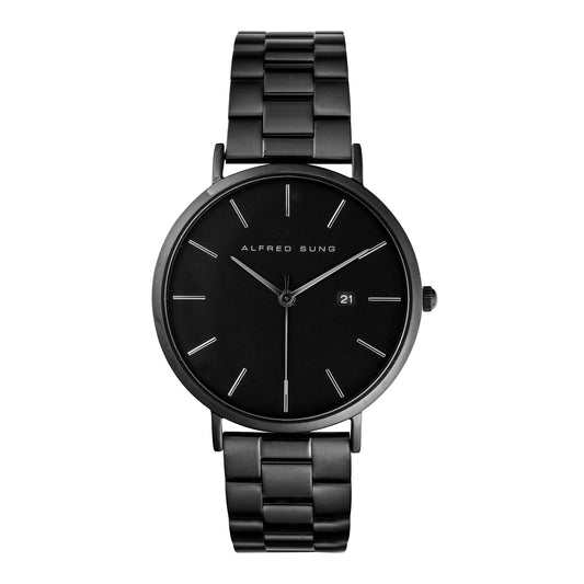 Alfred Sung Metropolitan watch: Black gunmetal case, minimalist look, date display on the right.
