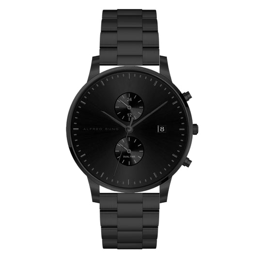 Alfred Sung Dual Time: A sleek men's watch with dual dials, Japanese movement, and date display on a metal bracelet.