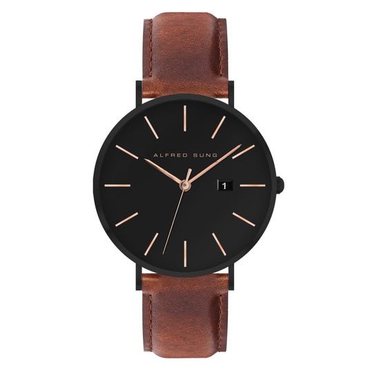 The Alfred Sung Metropolitan watch has a black dial, gold details, and an Italian leather strap.