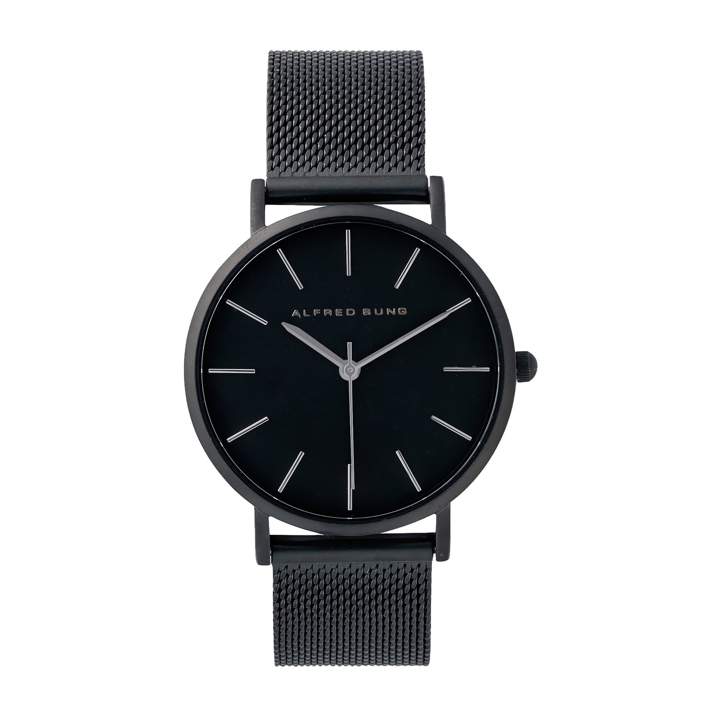 The Alfred Sung Muse Ladies Watch features a minimalist black dial & mesh bracelet, showcasing elegant Japanese craftsmanship.