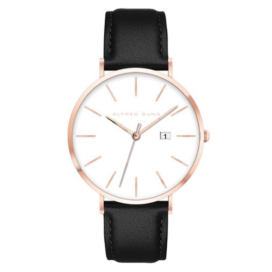 Alfred Sung's Metropolitan watch: rosegold case, white dial, black leather strap, date display at 3 o'clock.
