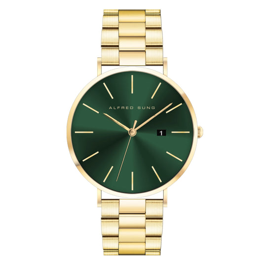 Alfred Sung Metropolitan: Gold watch with green sunray dial, date indicator, and minimalist design.