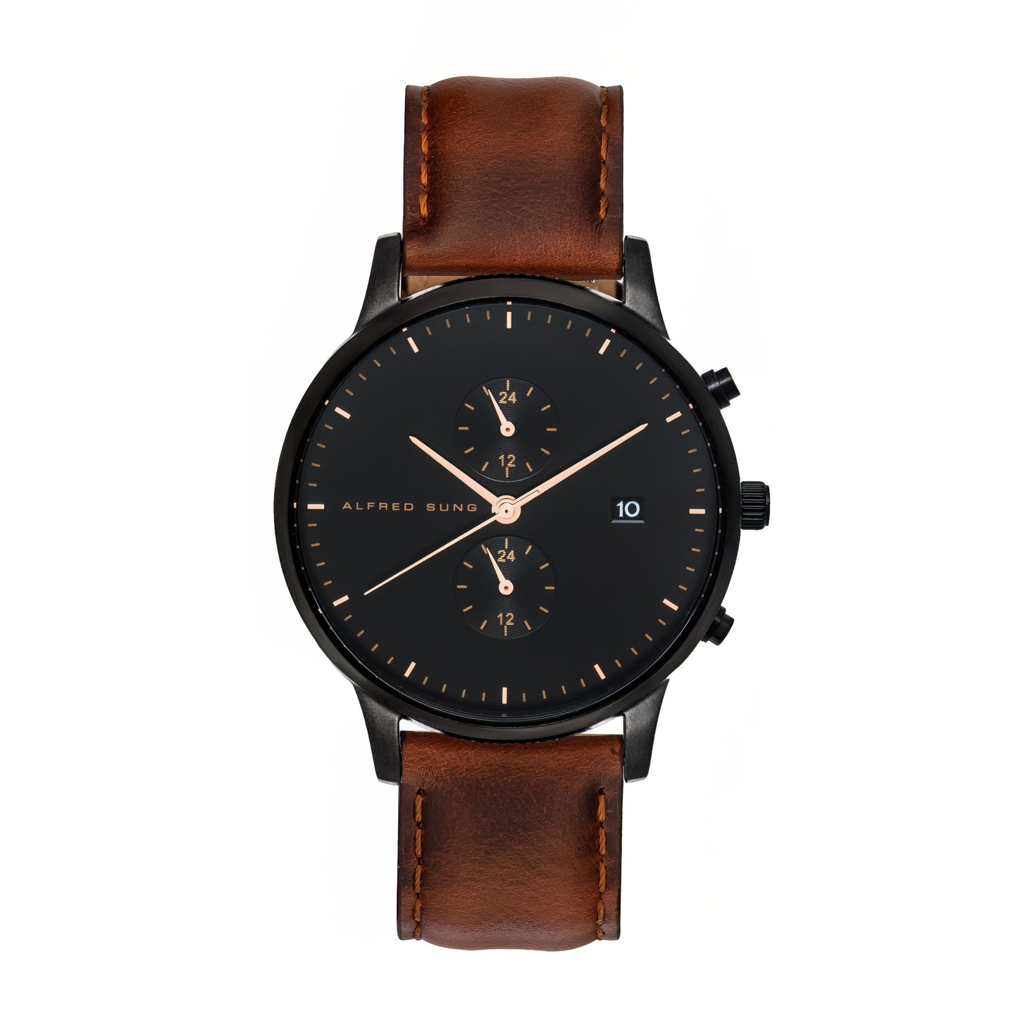 Alfred Sung watch with dual time, date display, black dial, and brown leather strap.
