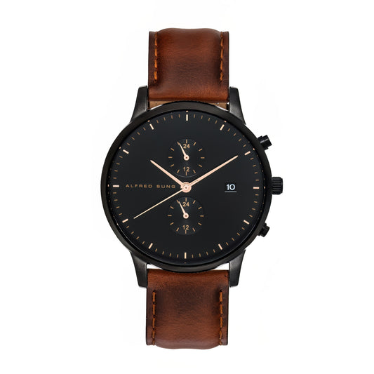 Alfred Sung watch with dual time, date display, black dial, and brown leather strap.