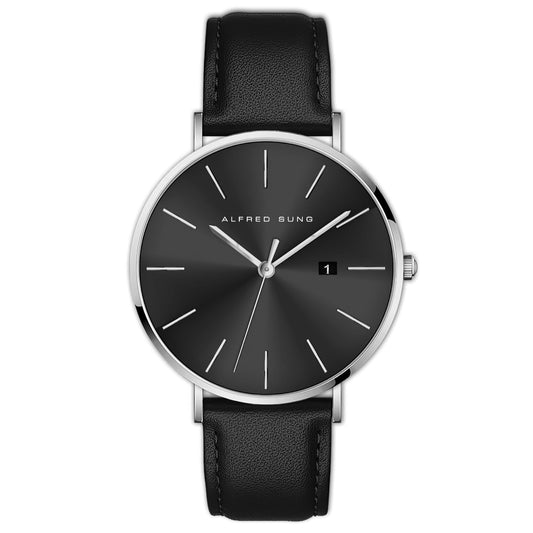 An Alfred Sung Metropolitan watch with a black dial, silver case, and black leather strap.