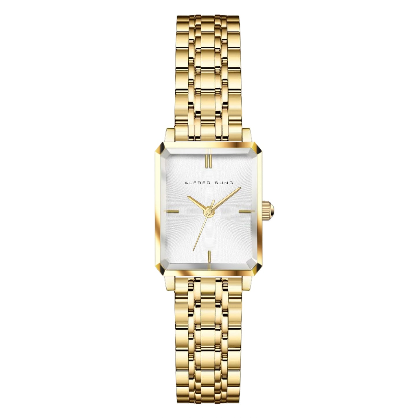 Alfred Sung Octavia XS ladies watch with sunray white dial and gold bracelet, by Alfred Sung.