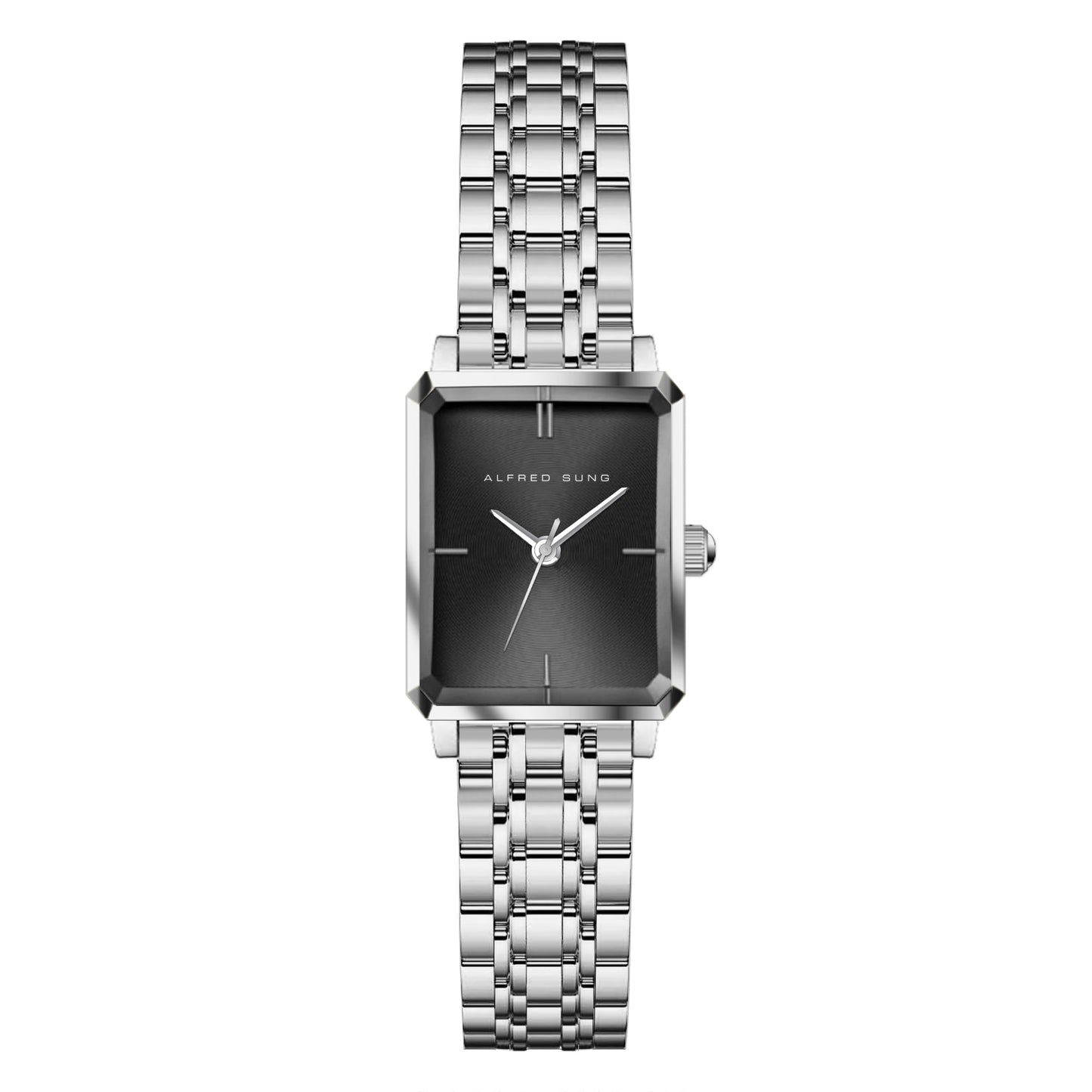 Alfred Sung Octavia XS ladies watch with black dial and silver bracelet, displaying 10:09.