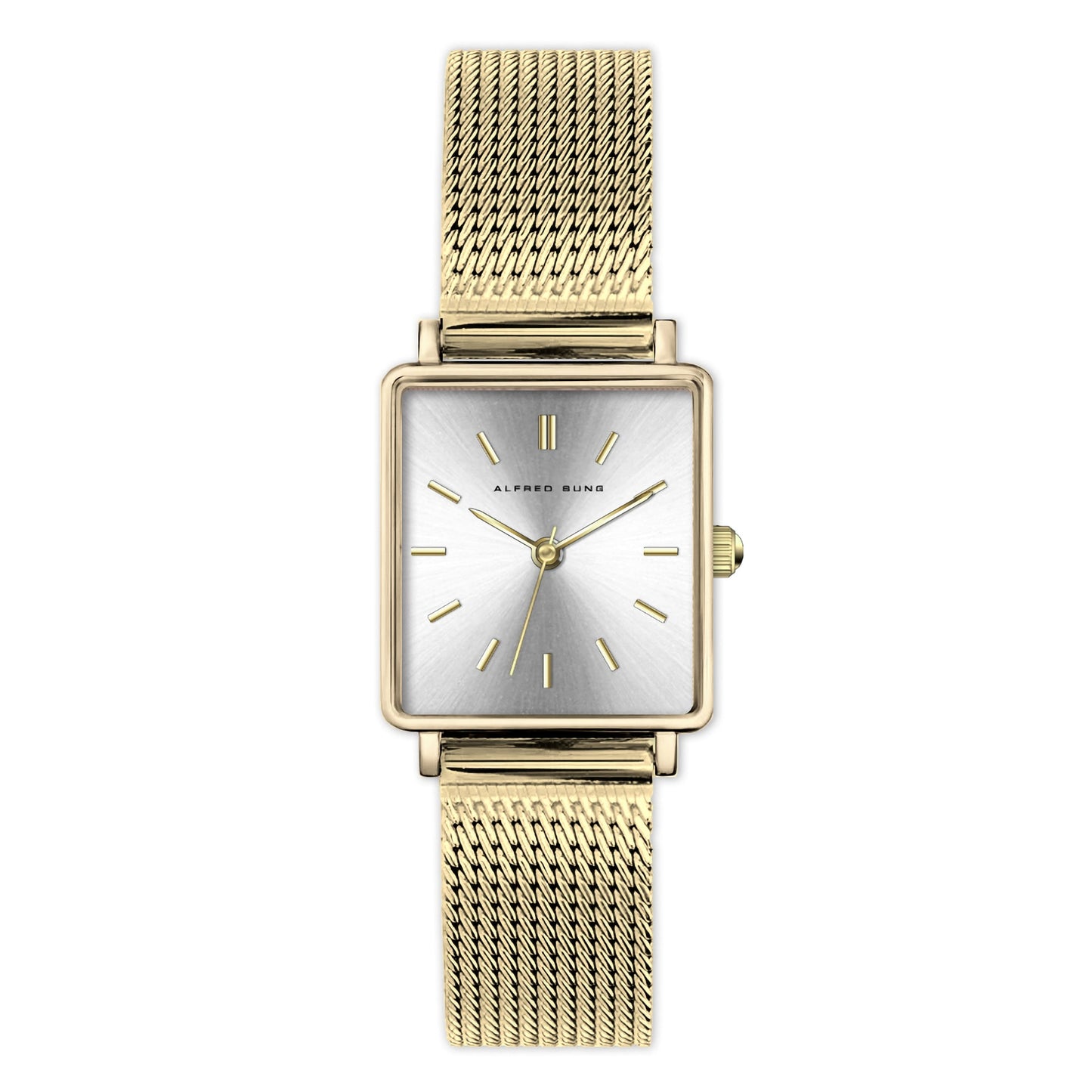 Alfred Sung Harmony Ladies watch with silver sunray dial, gold mesh band, minimalistic design, and Japanese movement.
