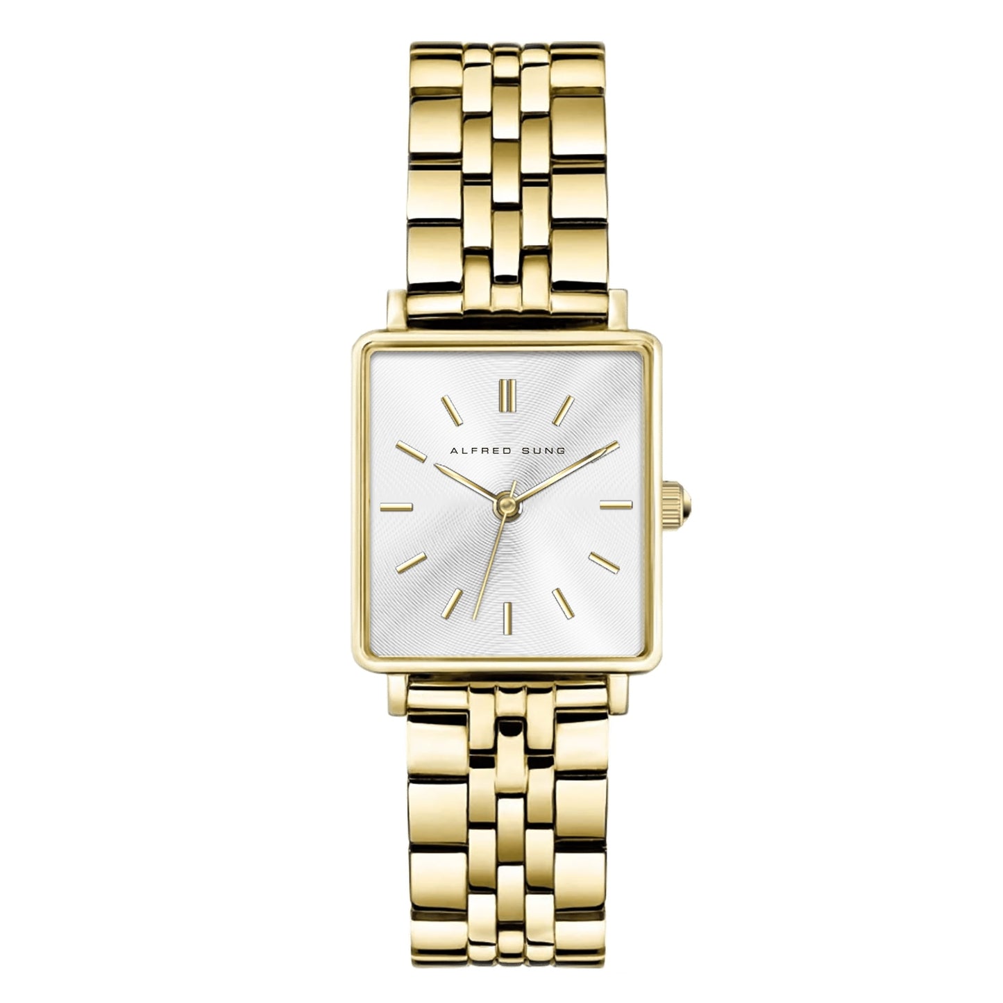 Alfred Sung Harmony watch: gold rectangular face, Japanese movement, silver dial, gold link bracelet.