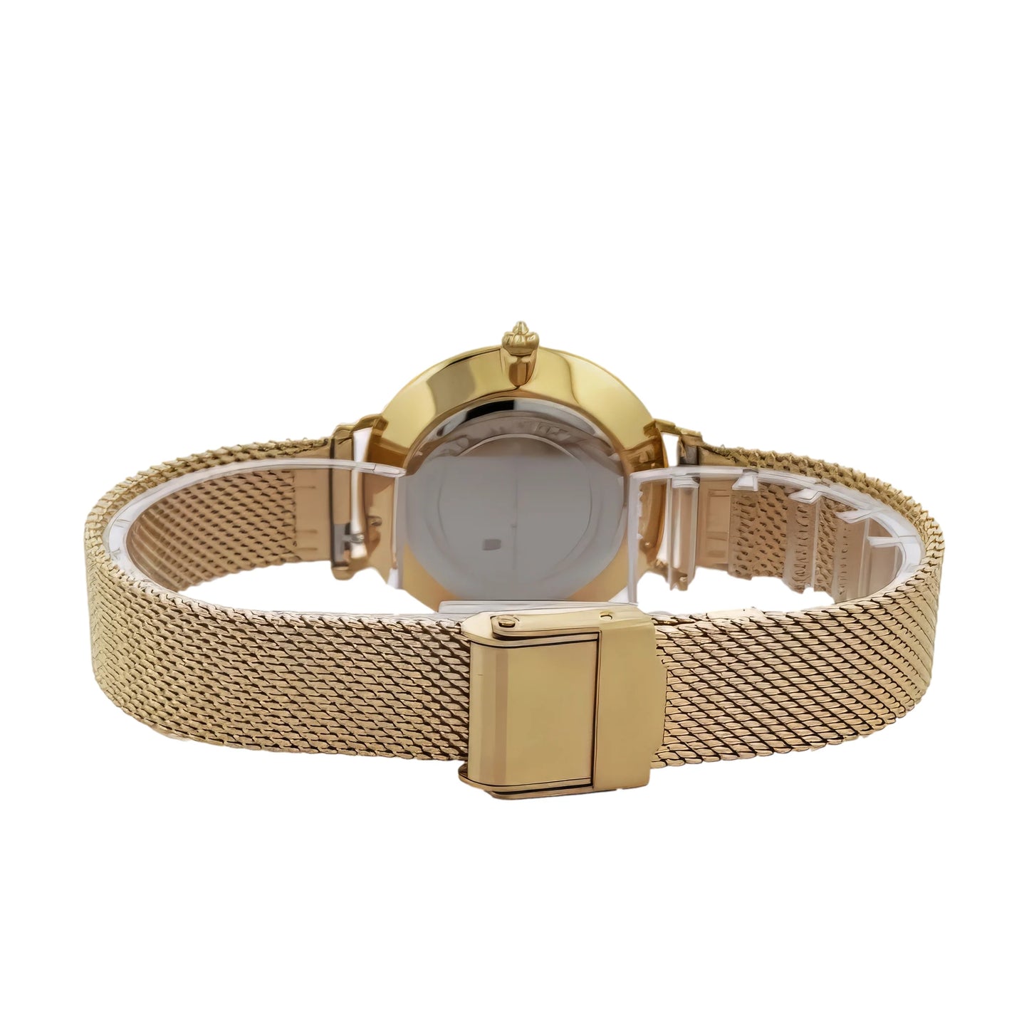 Alfred Sung Serenity gold bracelet ladies watch with black dial and Japanese movement on a white background.