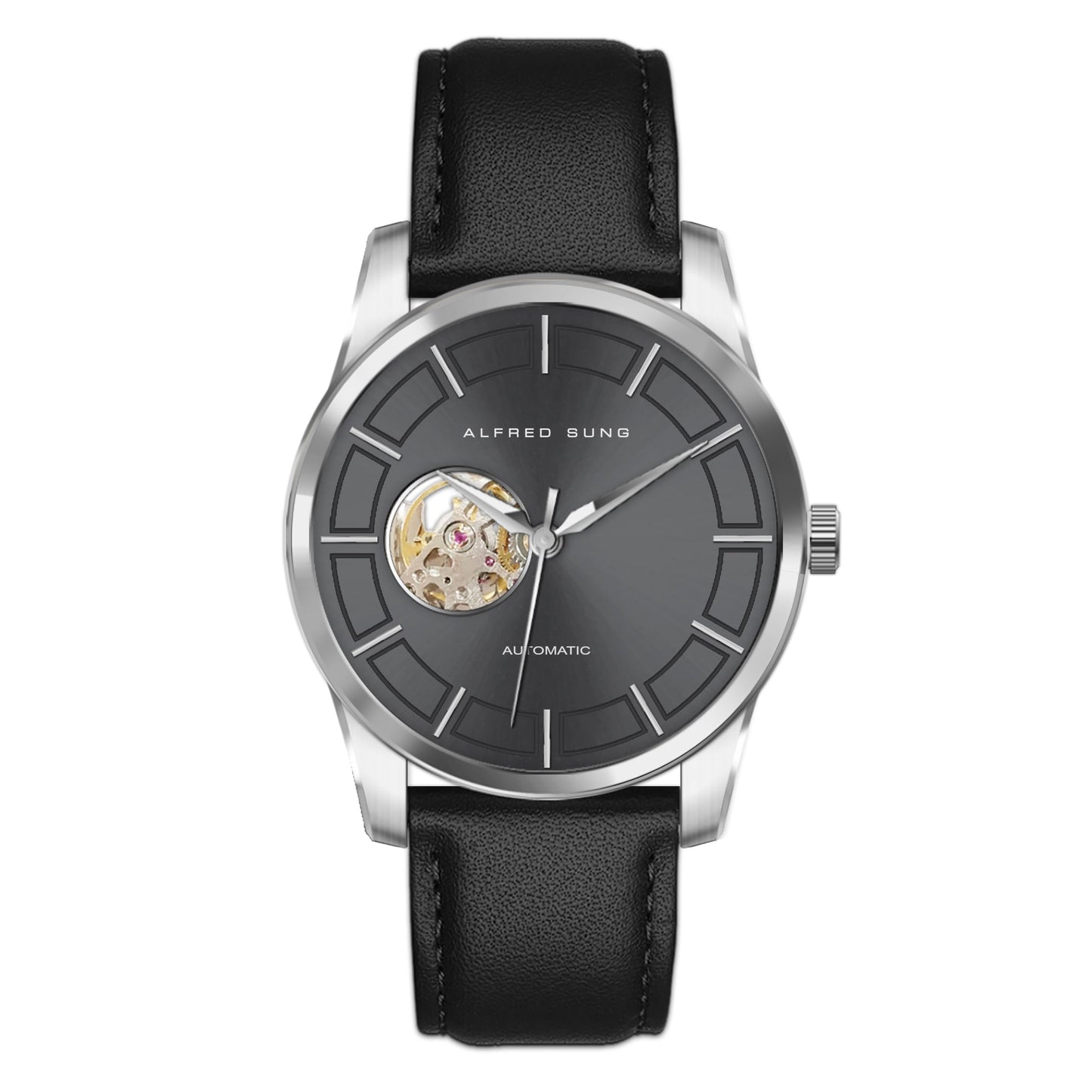 Alfred Sung Automatic men's watch with black leather strap, silver case, and exposed gears on dark face.